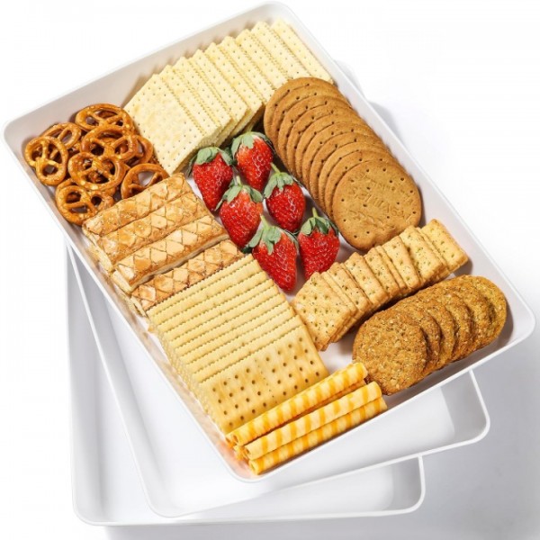 VITEVER 3 Pack, 16" x 11" Large White Serving Trays Set - Reusable Plastic Serving Platters for Cookie, Appetizer, Charcuterie, Snack, Dessert, Party Food Display - Stackable Kitchen CounterTop Tray, BPA Free