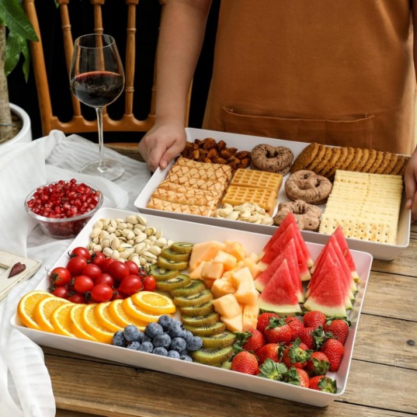 VITEVER 3 Pack, 16" x 11" Large White Serving Trays Set - Reusable Plastic Serving Platters for Cookie, Appetizer, Charcuterie, Snack, Dessert, Party Food Display - Stackable Kitchen CounterTop Tray, BPA Free