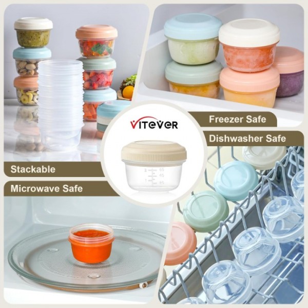 VITEVER [12 Pack] 4 oz Small Containers with Lids, Reusable Plastic Jars for Snack and Puree, Salad Dressing Container to Go, Deli Containers, Condiment Containers, Dishwasher Safe, BPA Free